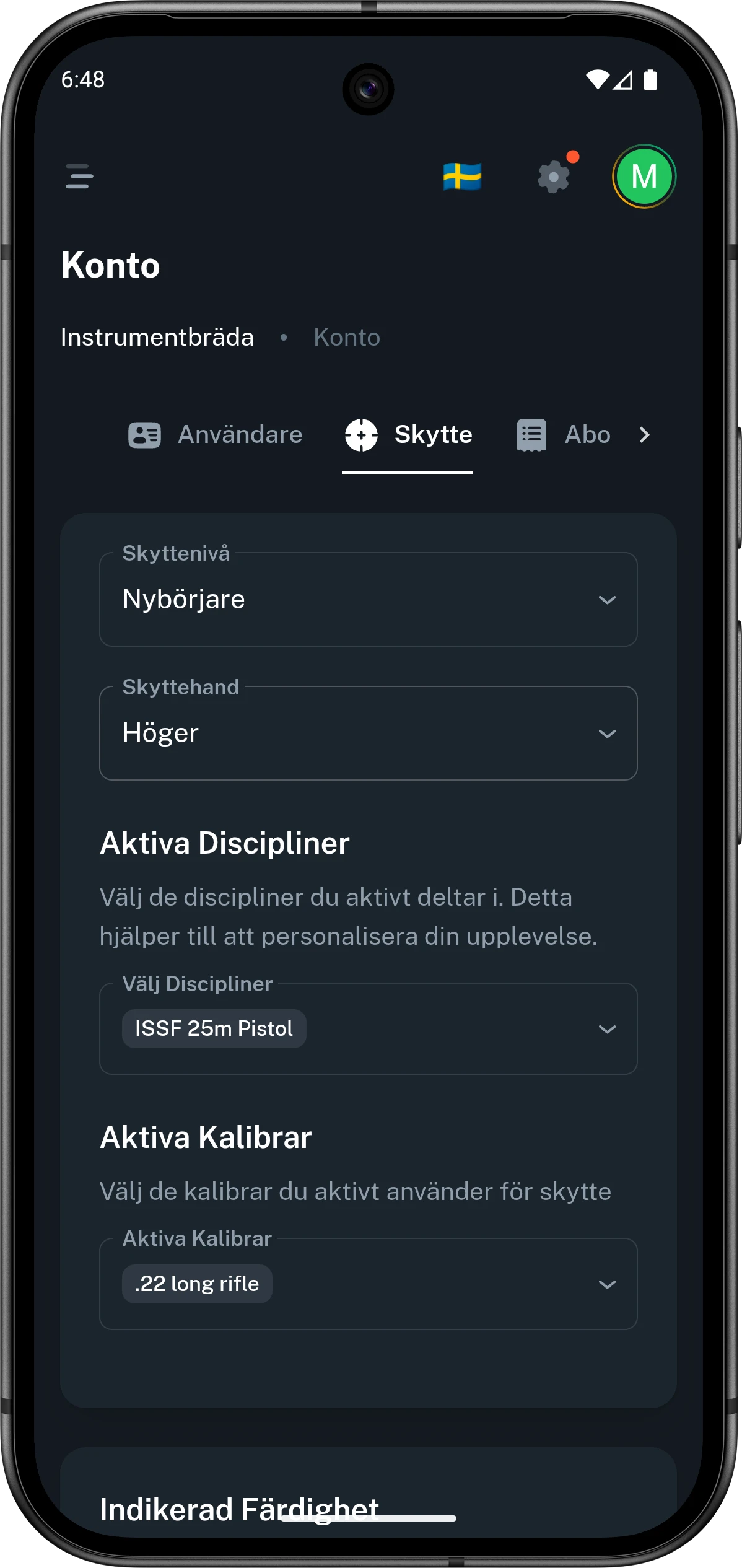 Mobilvy från Club46s skytteprofil med disciplin, kaliber och nivå.