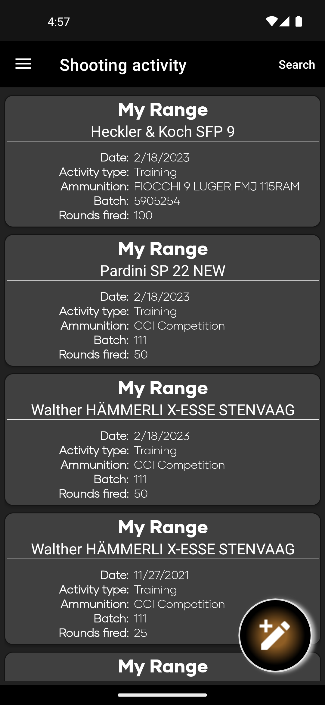 Skärmbild från Skyteloggen