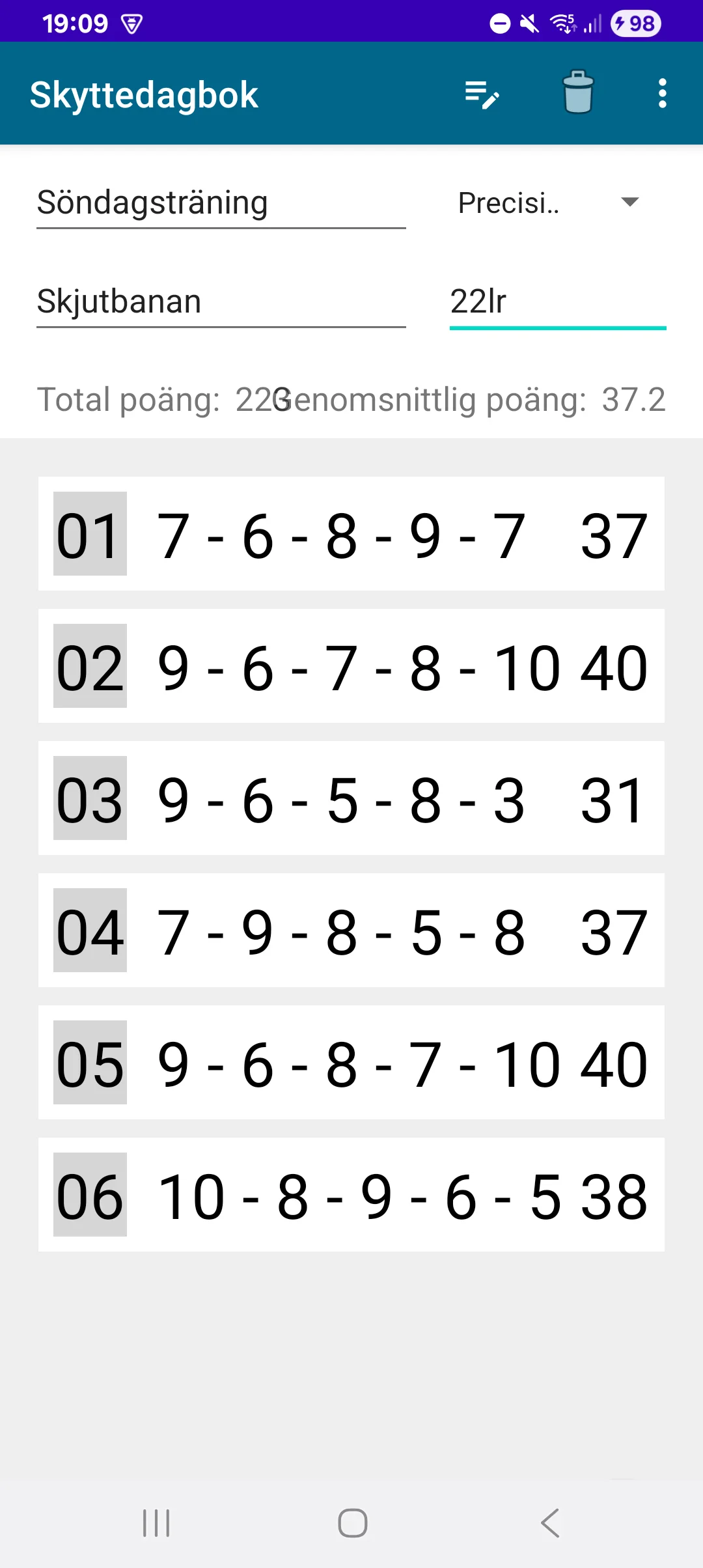 Skärmbild från Skyttedagbok