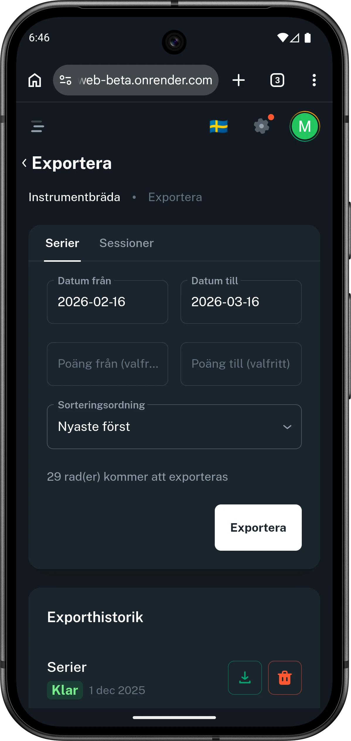 Mobilvy från Club46s exportvy för serier och sessioner.