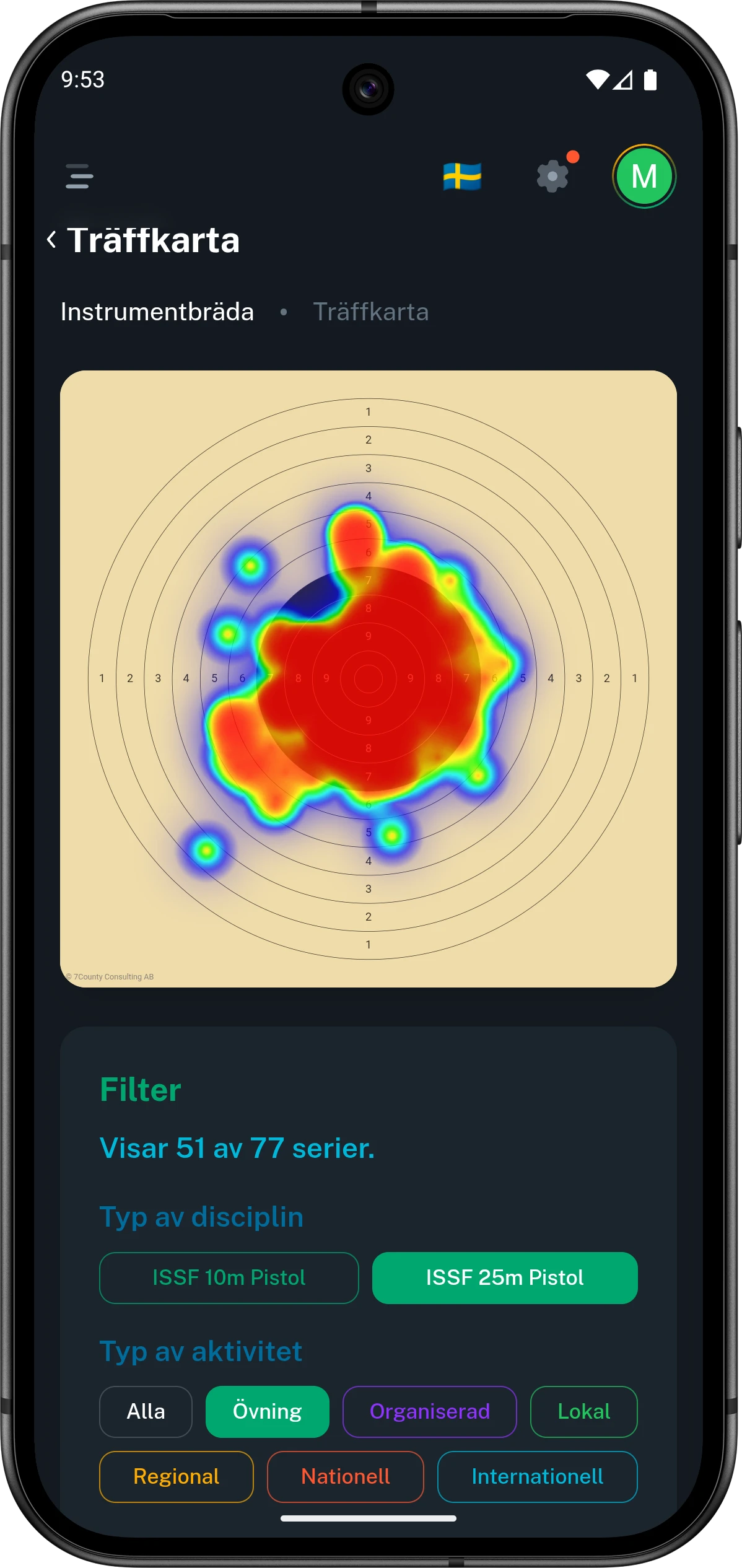 Mobilvy från Club46 med värmekarta över träfftäthet.