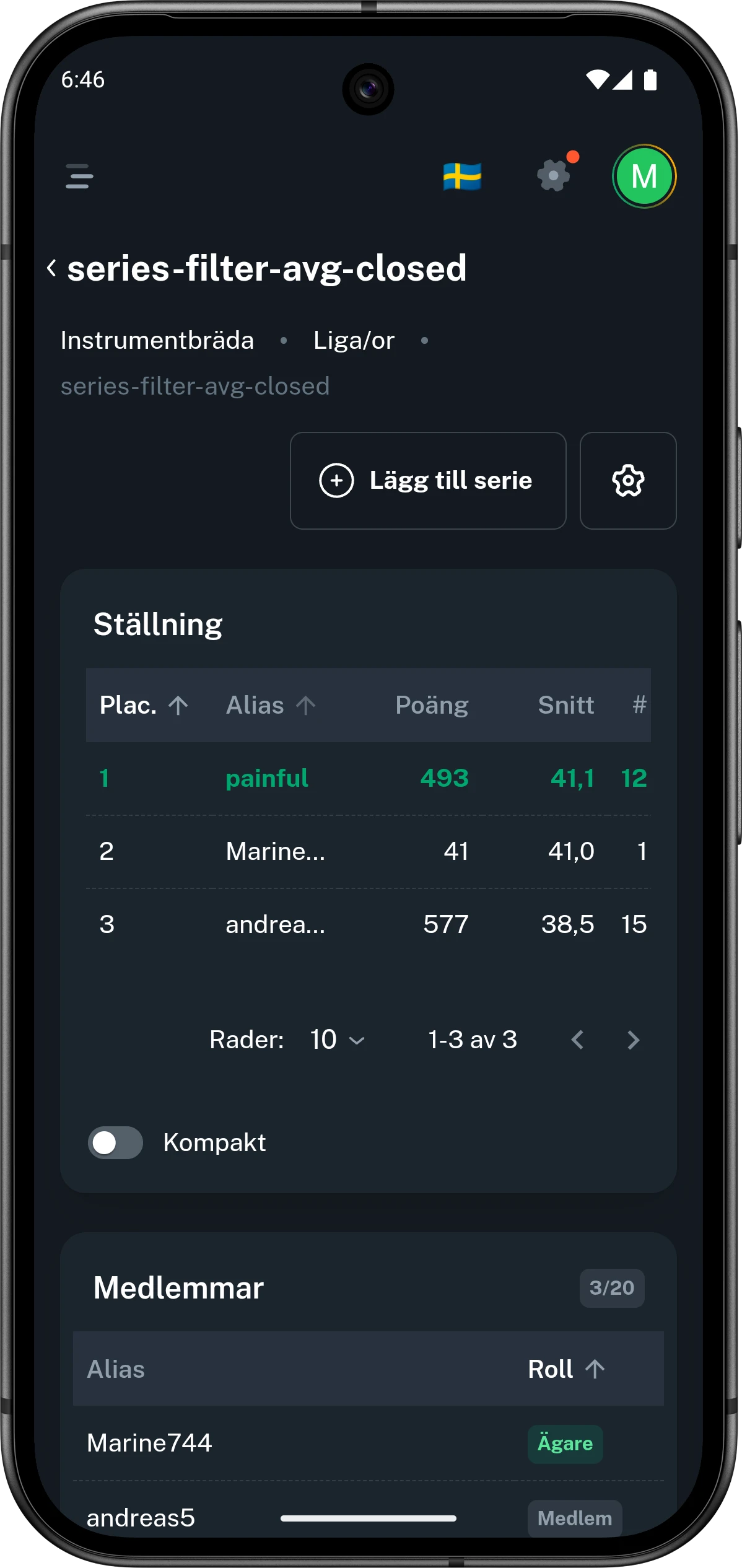 Mobilvy från Club46 med en privat liga, tabell och medlemslista.