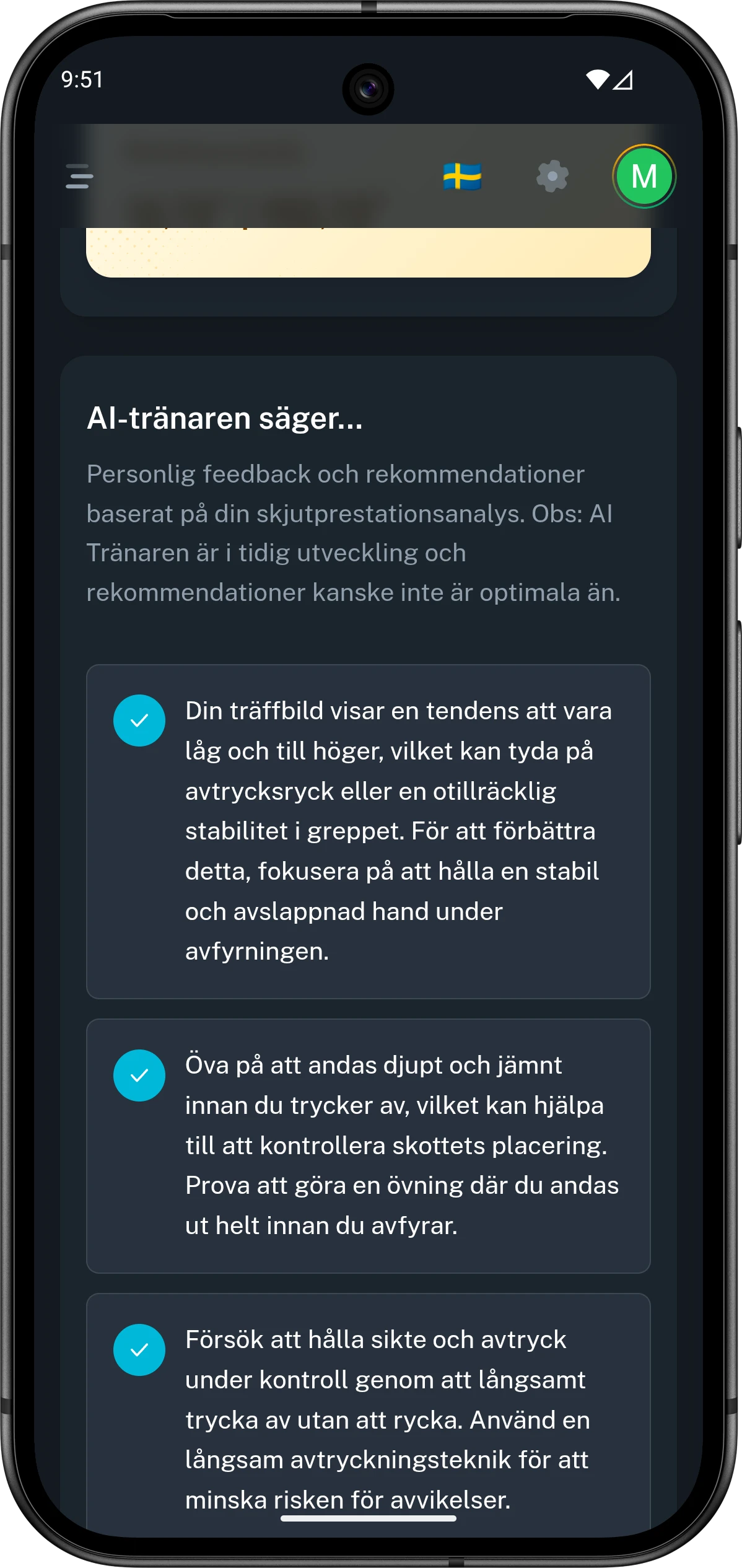 Mobilvy från Club46 med AI-feedback för en enskild serie.