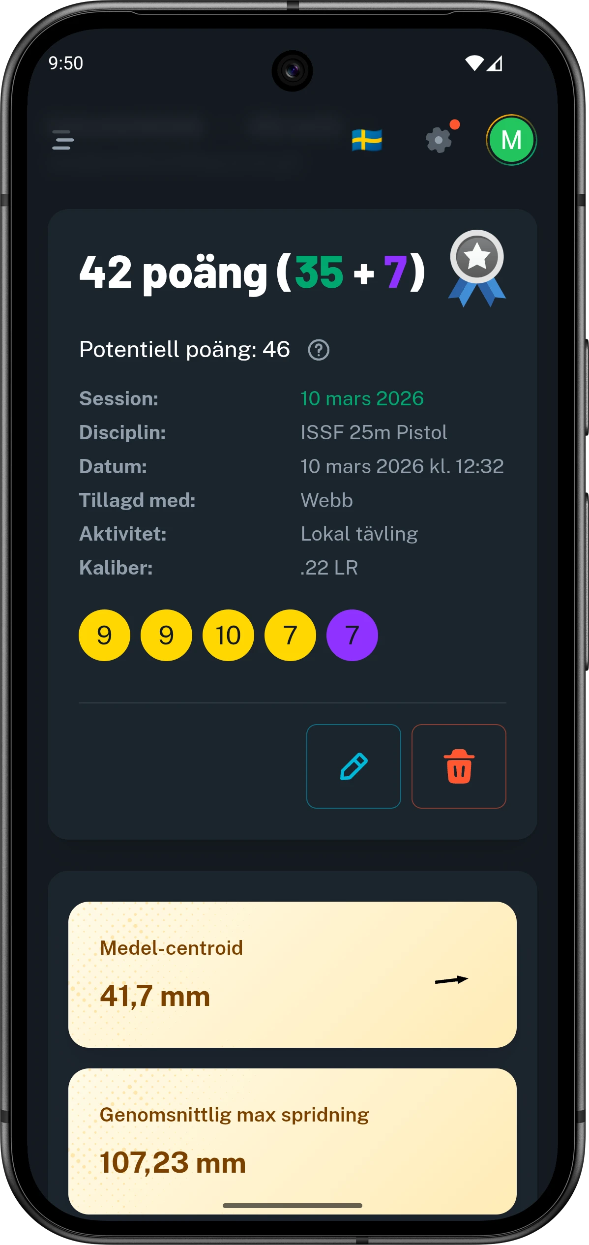 Mobilvy från Club46 med detaljvy för en enskild serie, poäng och metadata.