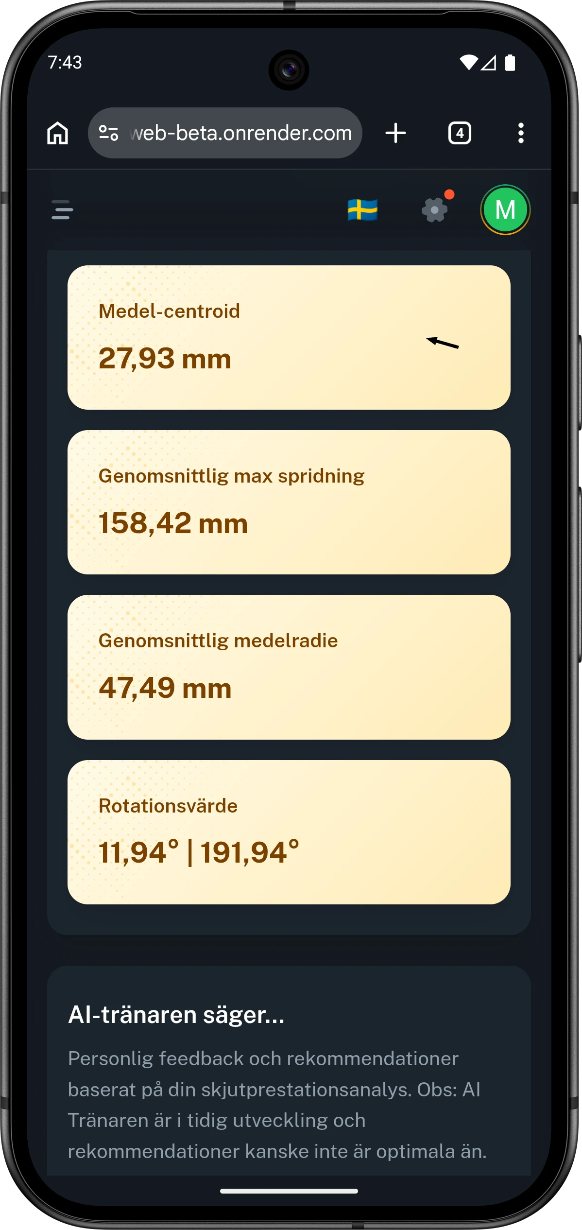 Mobilvy från Club46 med statistikmått för en serie som centroid, maxspridning och rotationsvärde.