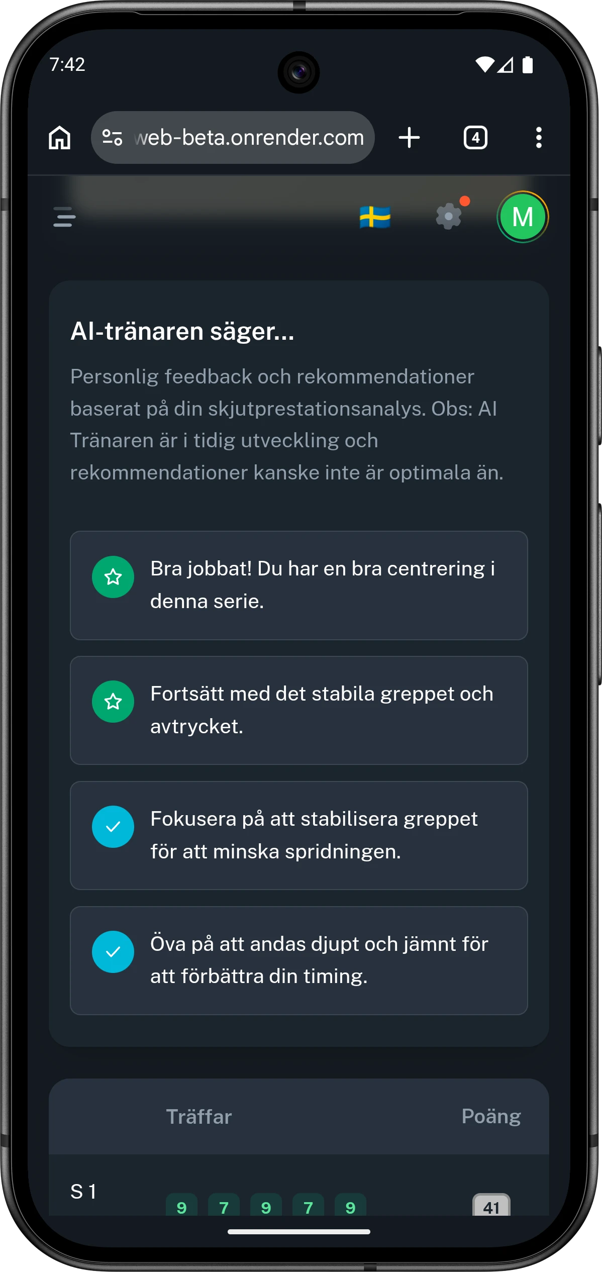 Mobilvy från Club46 med AI-feedback för en hel session.