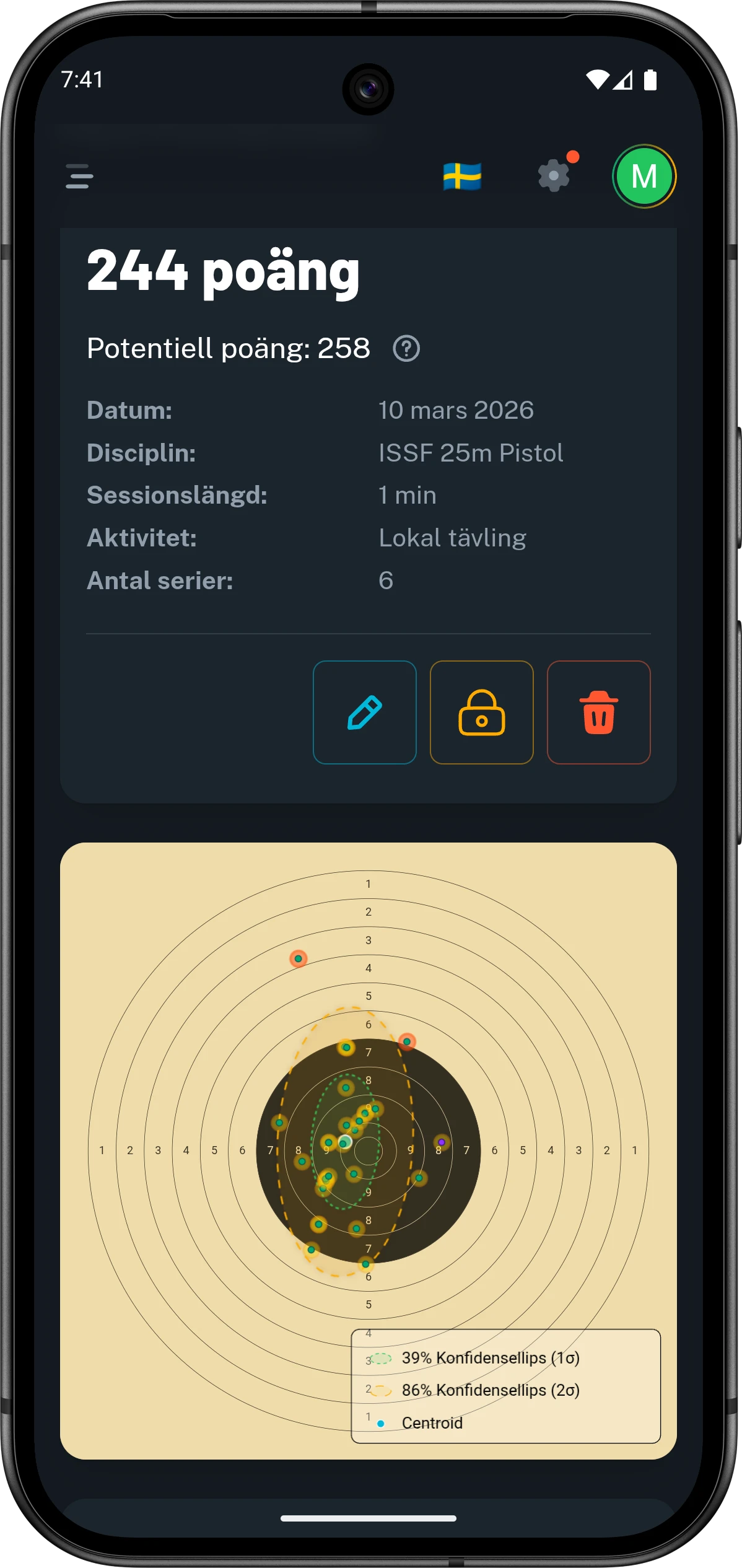 Mobilvy från Club46 med detaljvy för ett helt pass och dess träffbild.