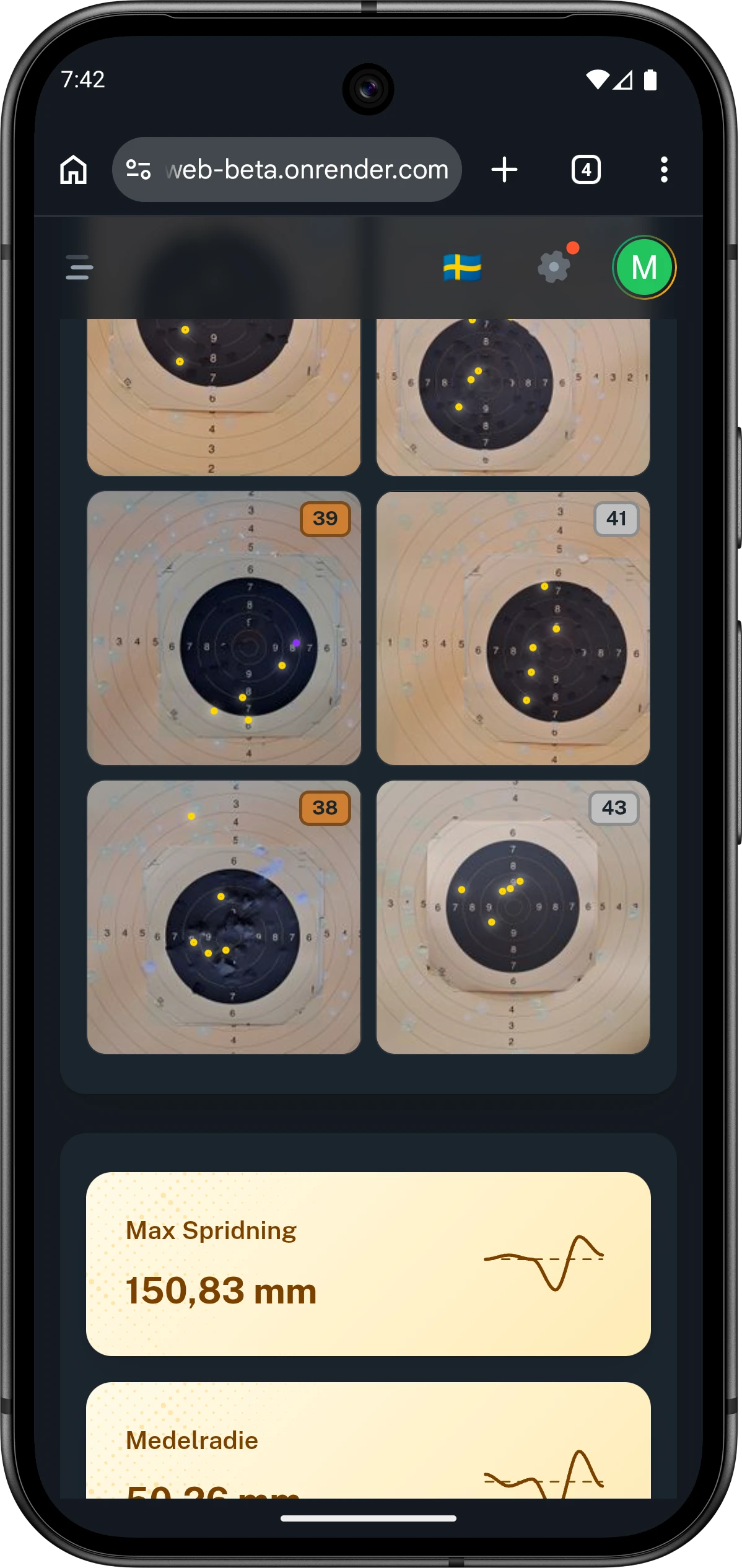 Mobilvy från Club46 med en översikt över flera serier inom samma session.