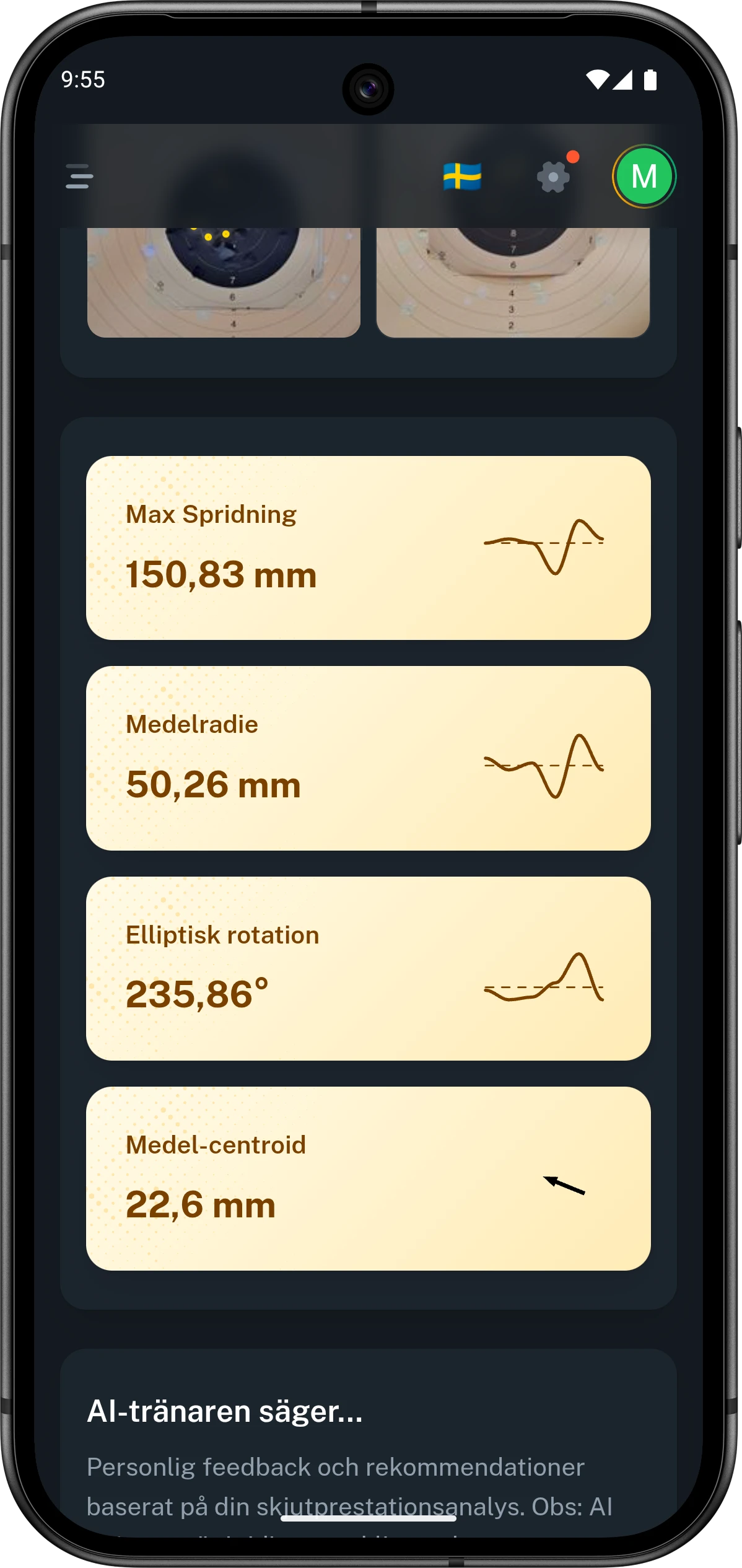 Mobilvy från Club46 med statistikmått för en hel session som maxspridning, medelradie och centroid.