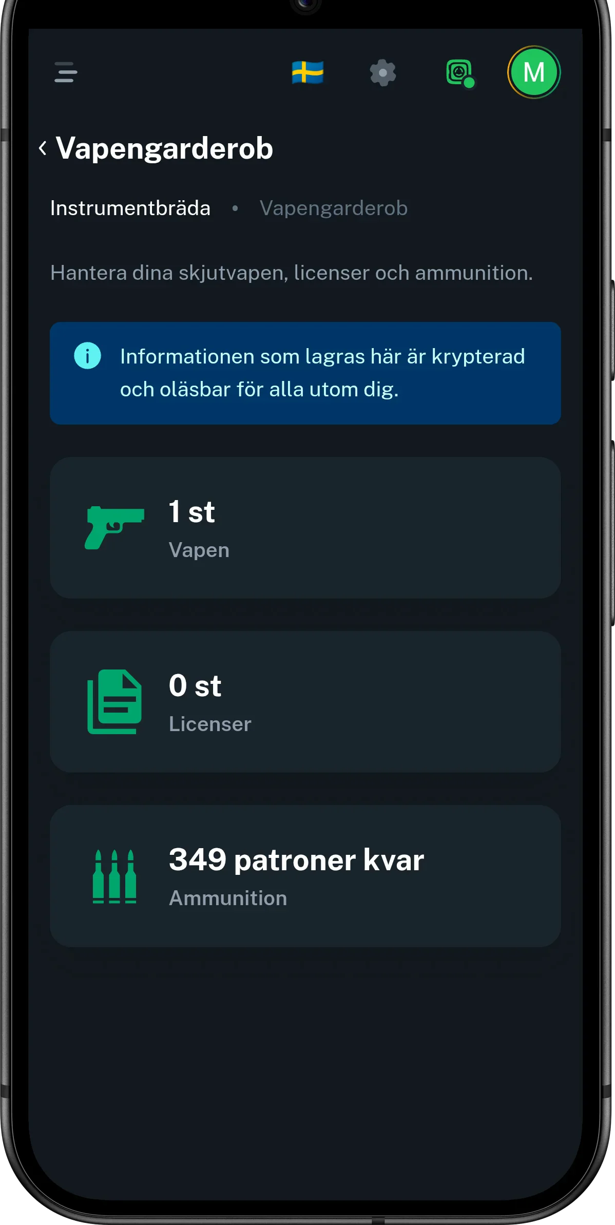 Mobilvy från Club46 med vapengarderob: översikt över vapen, licenser och ammunition samt krypteringsinformation.